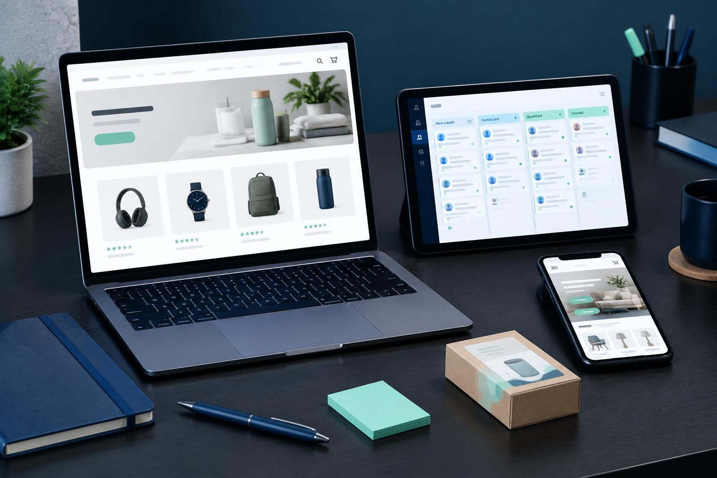 Loja virtual, CRM e site no celular conectando a operação de uma empresa